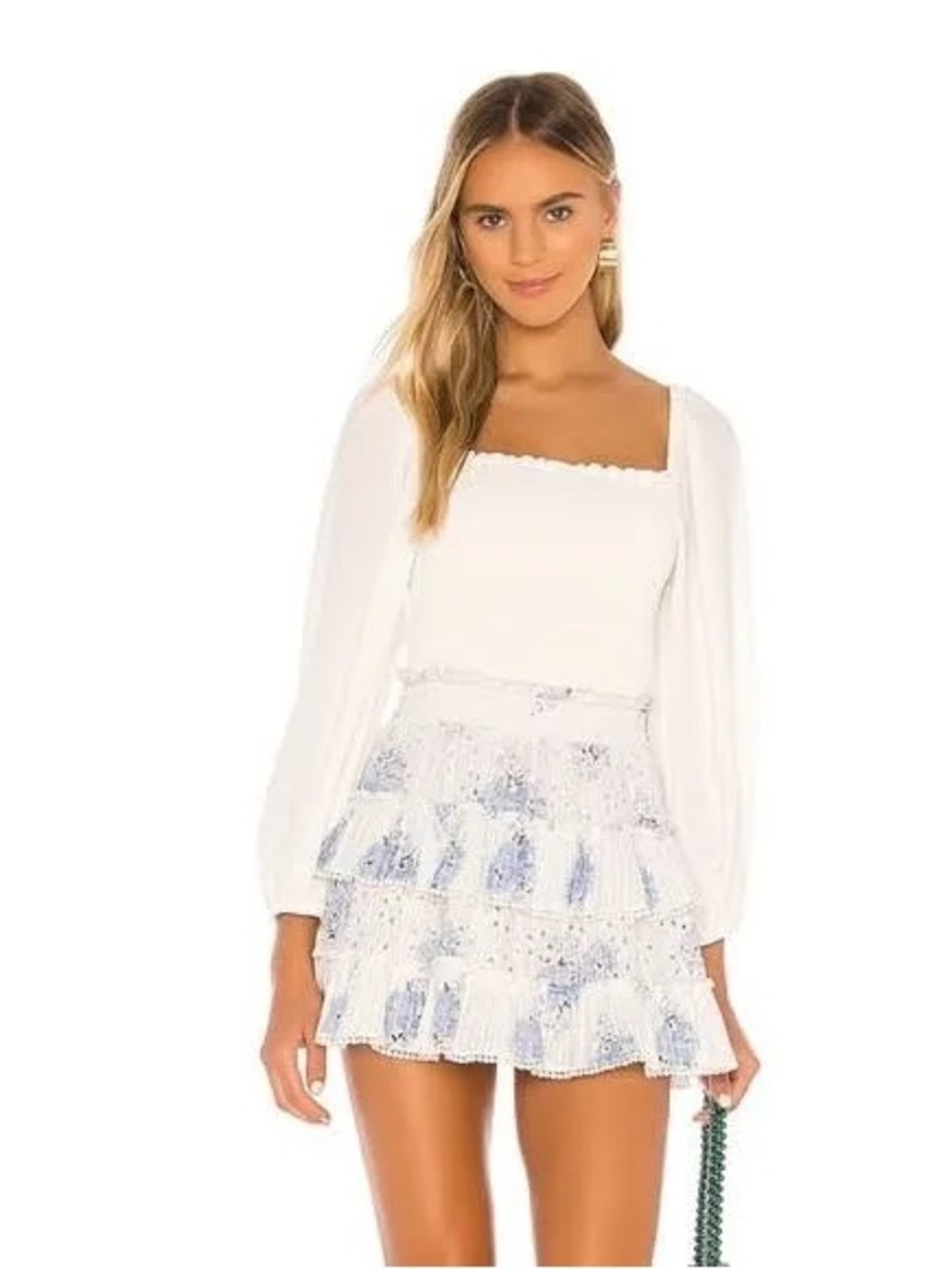 LoveShackFancy White Mini Skirt with Pale Blue Floral Accents